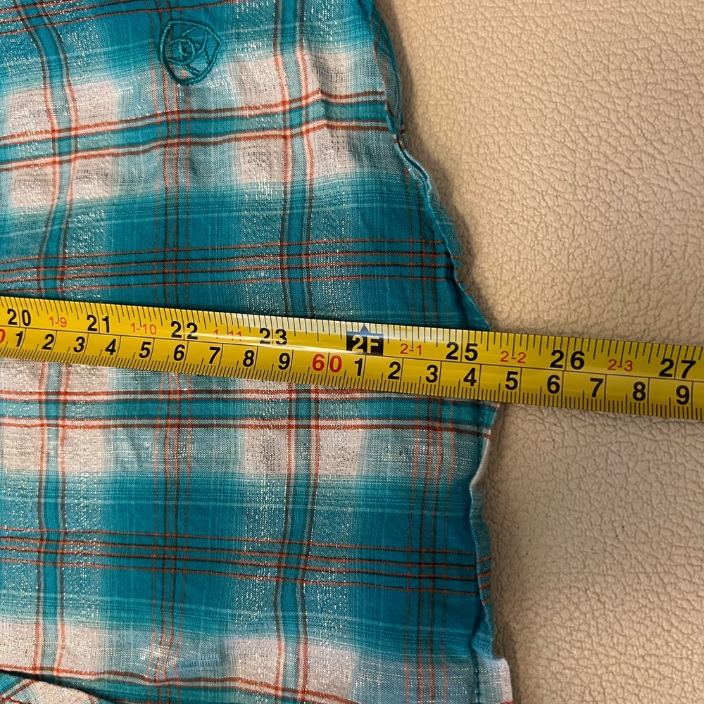 WOMEN’S ARIAT WESTERN SHIRT MEDIUM FITTED PEARL SNAP TEAL METALLIC PLAID STUDDED - Picture 8 of 10